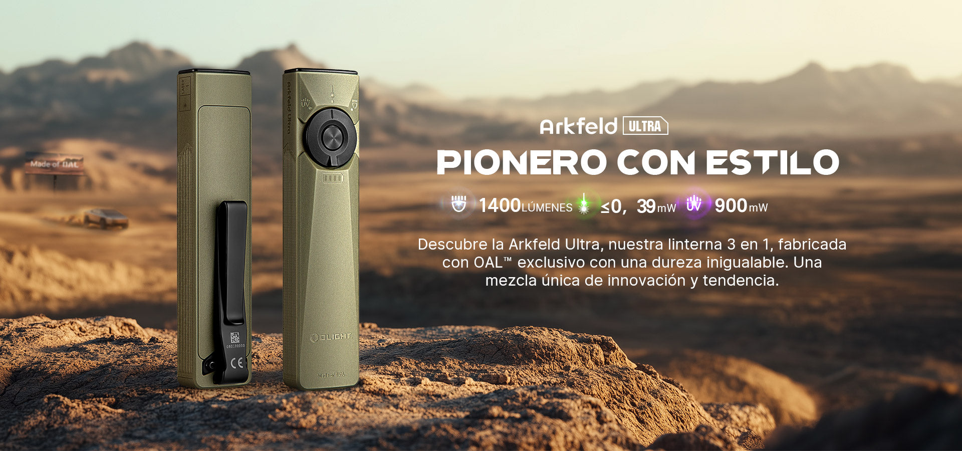 Linterna LED ultravioleta con puntero verde Olight Arkfeld Ultra 1.400 lúmenes